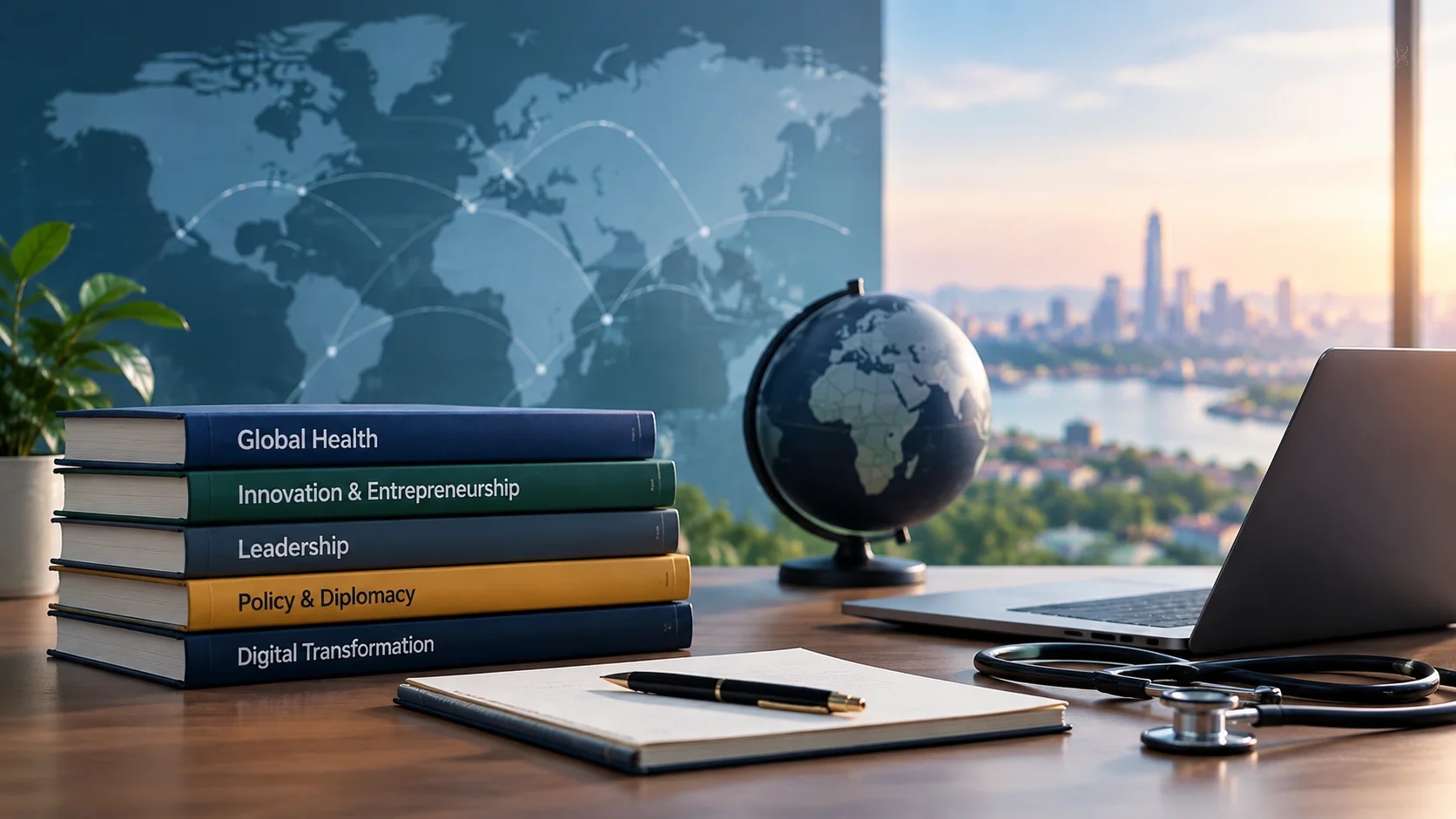 A desk with Global Health, Innovation and Leadership texts, a globe and a laptop, overlooking a city skyline